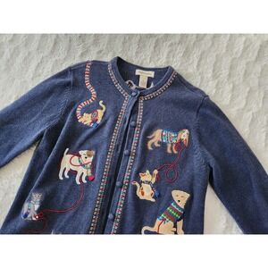 Vintage Bechamel Cardigan Sweater Medium Blue Dogs Cats Yarn Embroidery Knit M